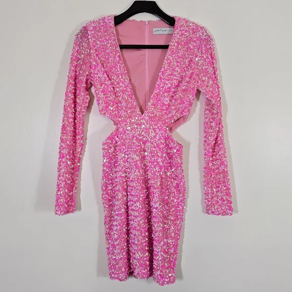 Petal + Pup Kelly Long Sleeve Sequin Mini Dress Pink Berry Small - Picture 5 of 10